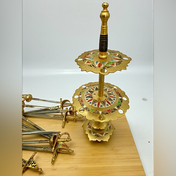 Vintage Toledo Spain Miniature Sword Cocktail Picks Stand 13pc Appetizer Skewers - Picture 3 of 15